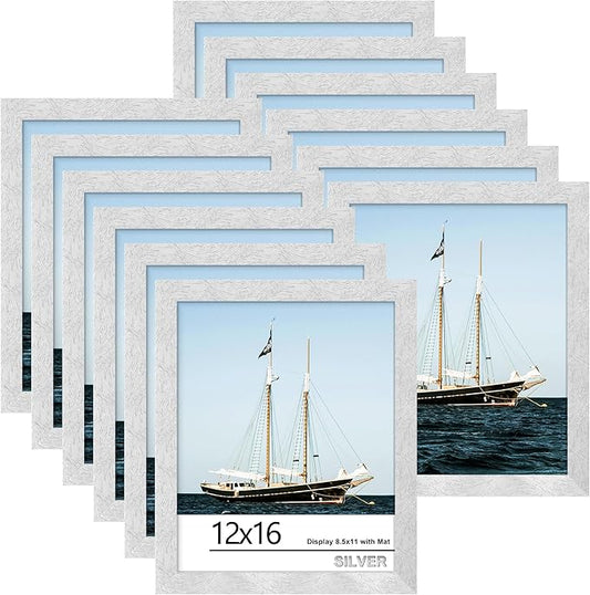 Picrit 12x16 Picture Frame Set of 12, Display 8.5x11 with Mat or 12x16 without Mat, Photo Frames for Wall Mounting Display, SILVER