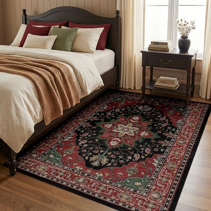 RELEANY Area Rugs 4'x5' Washable Non-Slip, Floral Vintage Distress Print Pattern Medallion Carpet for Living Room Bedroom Dining Room, Red Black