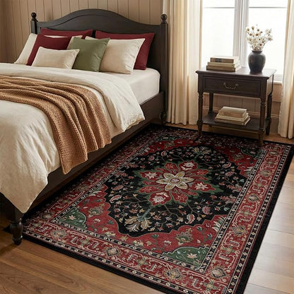 RELEANY Area Rugs 4'x5' Washable Non-Slip, Floral Vintage Distress Print Pattern Medallion Carpet for Living Room Bedroom Dining Room, Red Black