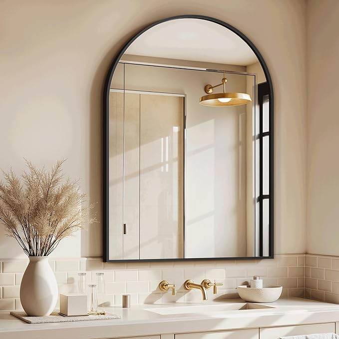 Arched Bathroom Mirror for Wall, 30" x 20" Black Metal Frame Vanity Mirror, HD Glass Over Sink for Bathroom, Entryway, Bedroom