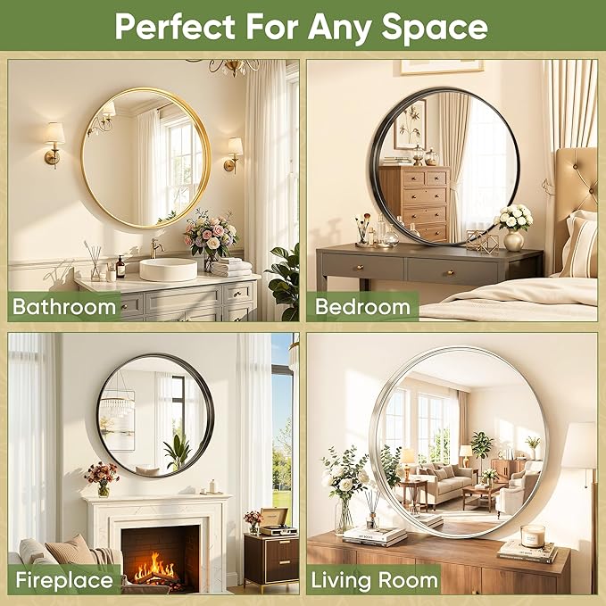 Round Bathroom Mirror, 30 Inch Silver Circle Mirror with Metal Deep Frame, Round Mirrors for Wall Decor, Vanity, Entryway, Living Room