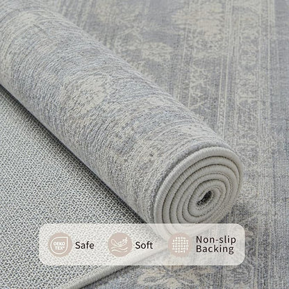 Rugxara 6x9 Area Rugs for Living Room Bedroom, Large Washable Rug, Blue Vintage Retro Boho Rug, Non Slip & Low Pile Faux Wool Thin Carpet for Indoor Dining Room and Kids Room(Blue/Beige 6x9ft)
