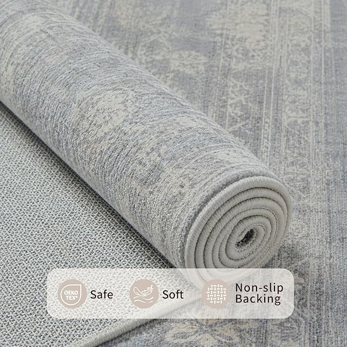 Rugxara 5x7 Area Rugs for Living Room Bedroom, Washable Blue Rug, Vintage Floral Retro Boho Non Slip & Low Pile Carpet for Indoor Dining Room, Dorm, Nursery Room and Kids Room(Blue/Beige 5x7ft)