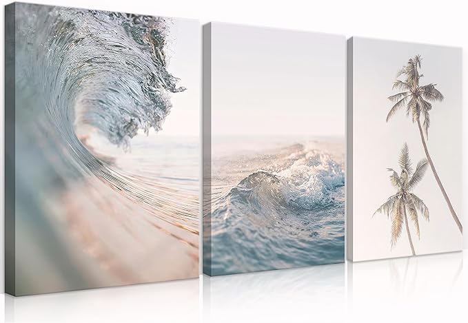 HDXUFJQ Beach Waves Canvas Wall Art Light Blue Palm Tree Picture Wall Decor Sea Wave Seawater Ocean Wave Art Prints Coastal Coconut Trees Neutral Blue Sea Seascape Wall Decor(16"x24")