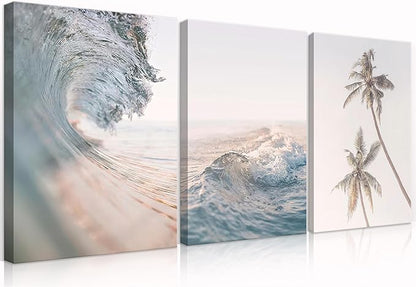 HDXUFJQ Beach Waves Canvas Wall Art Light Blue Palm Tree Picture Wall Decor Sea Wave Seawater Ocean Wave Art Prints Coastal Coconut Trees Neutral Blue Sea Seascape Wall Decor(16"x24")