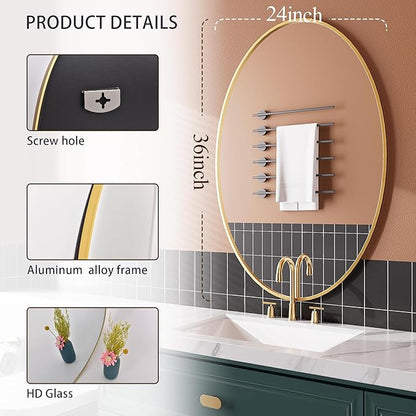 AUYHM Oval Mirrors,Oval Bathroom Mirrors,24x36 Gold Mirror for Bathroom,espejos decorativos de pared,Bathroom Mirrors for Over Sink(Gold)