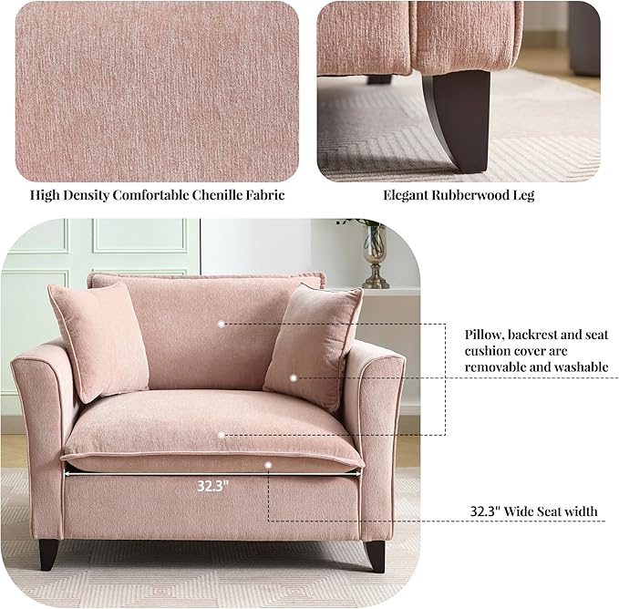 Merax 46.3" Chenille Accent Chair, Oversized Reading Armchair w/2 Pillows, Modern Corner Single Cloud Sofa Arm Chairs, Comfortable Living Room Deep Cushion Seating for Office & Apartment, Pale Pink