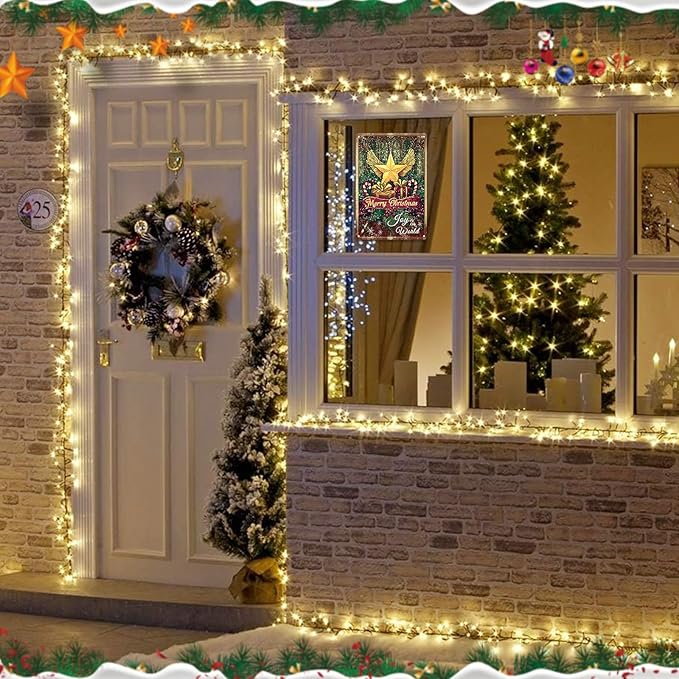 Christmas Decorations Outdoor Yard Signs - 12x8 In Golden Winged Star & Stained-Glass Sign with Merry Christmas & Joy to the World Sign for Home Kitchen Holiday Wall Decor Outdoor Gathering Spaces