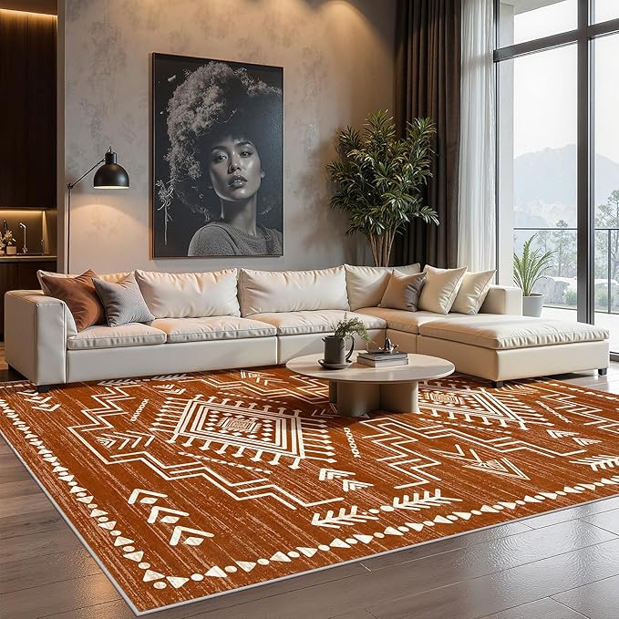 Joydeco Moroccan Washable 6x9 Living Room Rug Non Slip, Western Burnt Orange Large Area Rug for Bedroom Dining Room, Soft Stain Resistant Aztec Carpet Fall Rug for Guestroom Office Playroom