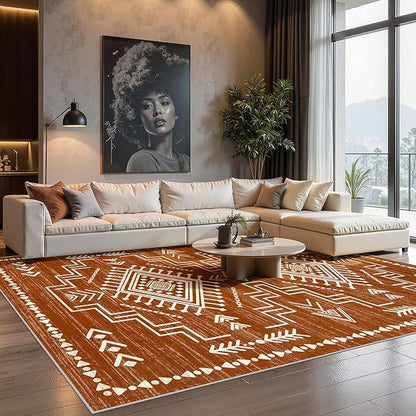 Joydeco Moroccan Washable 6x9 Living Room Rug Non Slip, Western Burnt Orange Large Area Rug for Bedroom Dining Room, Soft Stain Resistant Aztec Carpet Fall Rug for Guestroom Office Playroom