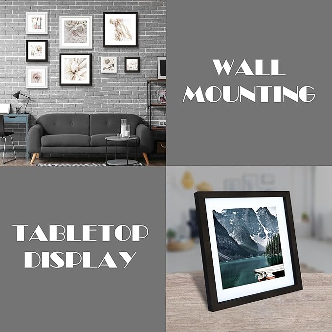 Hongkee 10x10 Black Picture Frames set of 3, Made of Wooden and Real Glass Square Photo frame - Displays 8x8 Picture With Mat or 10 x 10 Without Mat, Desktop & Wall Collage Frame set