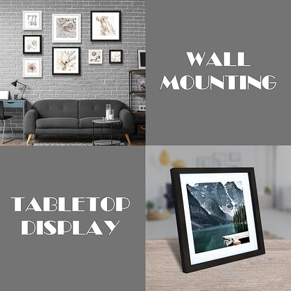 Hongkee 10x10 Black Picture Frames set of 3, Made of Wooden and Real Glass Square Photo frame - Displays 8x8 Picture With Mat or 10 x 10 Without Mat, Desktop & Wall Collage Frame set