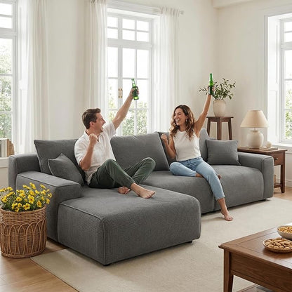 Homkdom Modular Sectional Sofa, L-Shaped Cloud Couch with Deep Seat, Convertible 6-in-1 Boneless Couches for Living Room, Memory Foam Sofa, No Assembly Required (Grey Check, Left Facing Chaise)