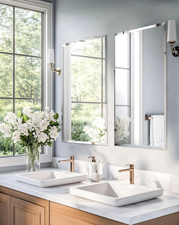 Frameless Rectangular Wall Mirror: Decorative Rectangle Mirrored Glass Vanity with Beveled Silver Edge for Bathroom Bedroom Livingroom Dining Room Entryway Hallway, 40 x 28 inch