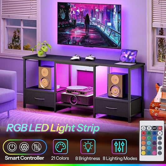 HOOBRO LED TV Stand with Storage, LED Entertainment Center with Open Shelves and Drawer, Fits TVs up to 55", Television Stand for Living Room, Bedroom, Black BB123DDS01G1