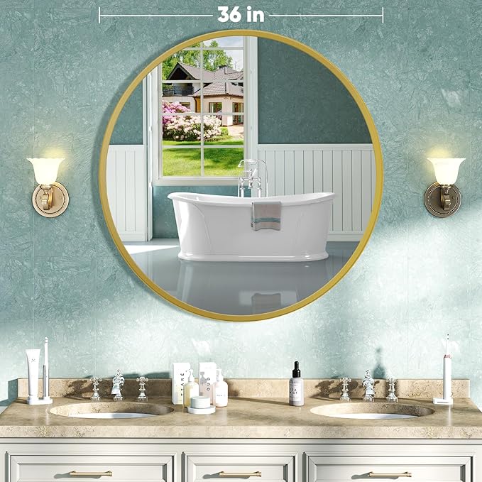 NEWBULIG Round Bathroom Mirror for Over Sink, 36 Inch Wall Mount Vanity Circle Mirror with Matte Metal Framed, Decor for Bathroom, Entryway, Bedroom, Gold