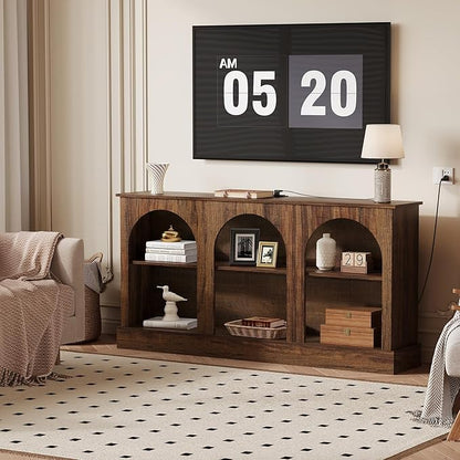 63" Arched TV Stand with Power Outlets, Console Table with Charging Station for Entryway Living Room, 3-Tier Modern Entertainment Center for 65 70 Inch TV, Media Console with Open Shelves, Brown