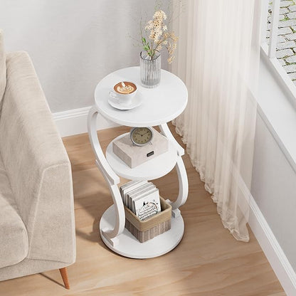 JUSTOGO Small Round Side Table, 3-Tier End Table for Living Room, Vintage Nightstand for Small Spaces Sofa Couch Corner Bedside Bedroom, S-Shaped Wood Accent Table Matel Coffee Table, White
