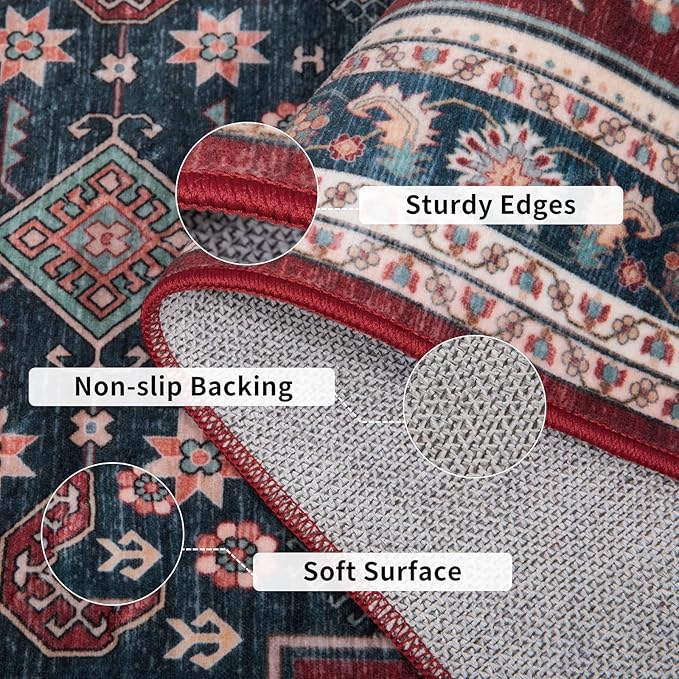 Tangsoo Vintage 2x6 Washable Runner Rug for Hallways,Boho Low Pile Long Rug Runner Carpet Soft Runner Mat for Laundry Kitchen Bedroom Entryway,Burgundy Blue