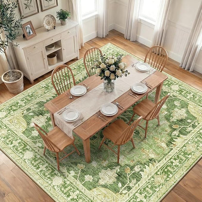 RELEANY Area Rugs Square 10ft Washable Non-Slip, Floral Vintage Distress Print Pattern Medallion Carpet for Living Room Bedroom Dining Room, Sage Green Yellow