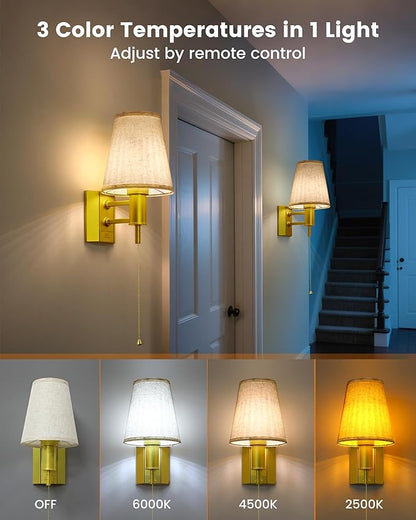TECOMLIGHT Battery Operated Wall Sconce Lights for Bedroom Set of 2, Wireless Rechargeable LED Wall Lamp with Remote & On/Off Pull Chain, Wall Mount Lighting Fixtures for Living Room, Satin Gold