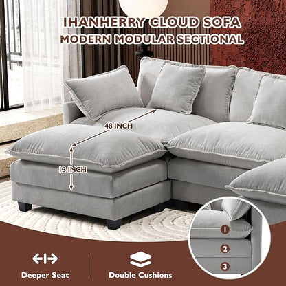 Ihanherry 111.4" U Shaped Modern Cloud Sofa Modular Sectional Couch with 2 Ottoman, 5-Seat Chenille Deep Seat Sofa with Pillow for Living Room, Bedroom and Apartment, Grey