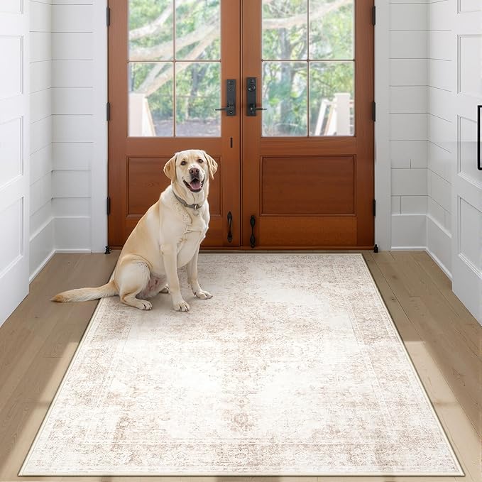 Area Rug 3x5 Vintage Rug: Washable Indoor Medallion Rug Low Pile Distressed Floor Carpet Retro Accent Doormat for Bedroom Bathroom Hallway Kitchen Home Office(Retro Beige, 3'x5')