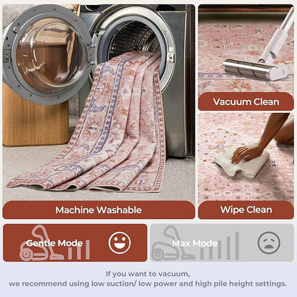 5x7 Area Rugs for Living Room, Machine Washable Low Pile Rug, Non Slip Backing Boho Rugs for Bedroom, Printed Soft Vintage Carpet Peach Pink 5 x 7