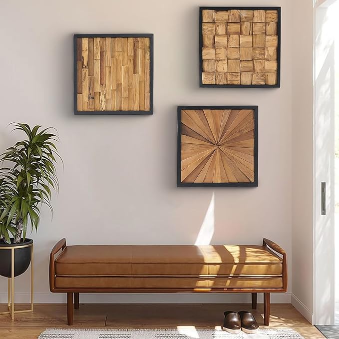 Greenage Natural Teak Wood Wall Art 17"x17" Rustic Farmhouse Sunrise Pattern Natural Wood Decor Hanging Decoration Textured Wooden Frame Wall Panel for Home Living Room Bedroom Meeting Room