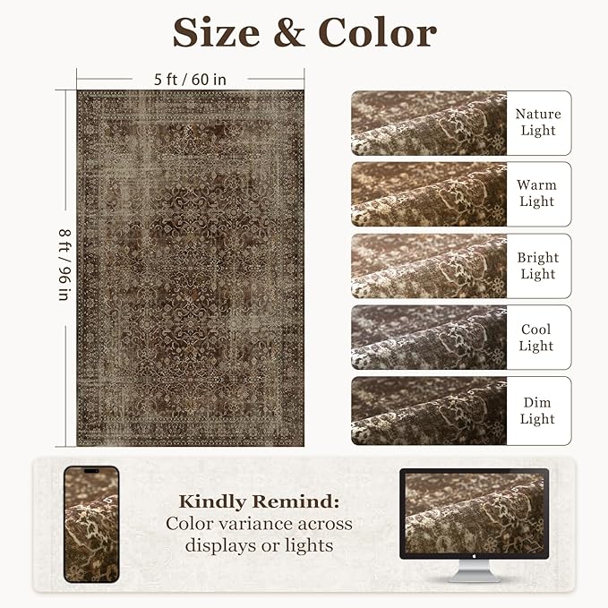 Vintage Brown 5x8 Area Rugs for Living Room, Distressed Earth Tone Dining Room Rug Washable Non Slip, Low Pile Thin Carpet Rugs for Den/Bedroom/Foyer/Home Office, Rich Coffee Brown