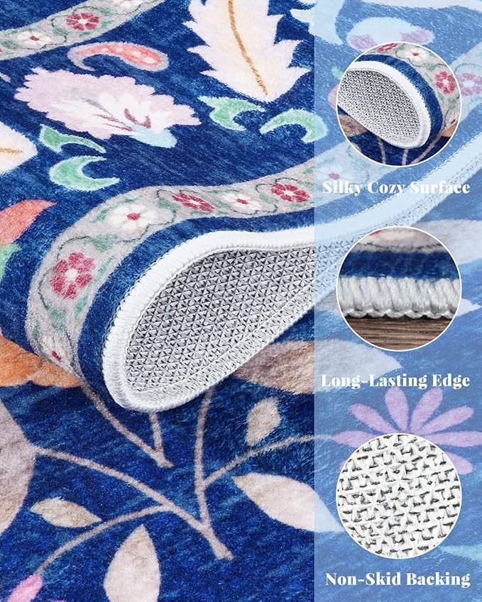 8x10 Blue Farmhouse Rugs for Living Room - Large Unique Washable Area Rug for Bedroom, Dining Room Under Table, Floral & Animal Design, Low Pile Soft Carpet