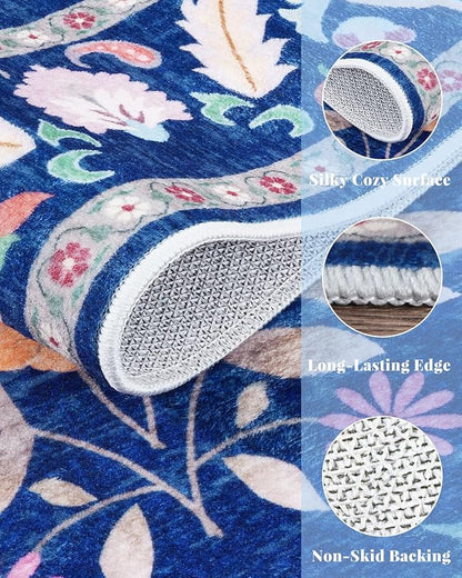 Lunasun 2x3 Washable Bathroom Rug, Small Throw Rugs for Kitchen, Powder Room, Front Door Indoor Entrance, Non Slip Low Pile Stain Resistant, Blue Colorful Floral Aethestic