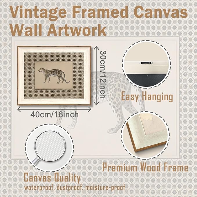 ASTRDECOR Vintage Leopard Framed Canvas Wall Art, Cheetah Safari Wildlife Painting for Living Room, Bedroom, Neutral Farmhouse Decor 12"x16"
