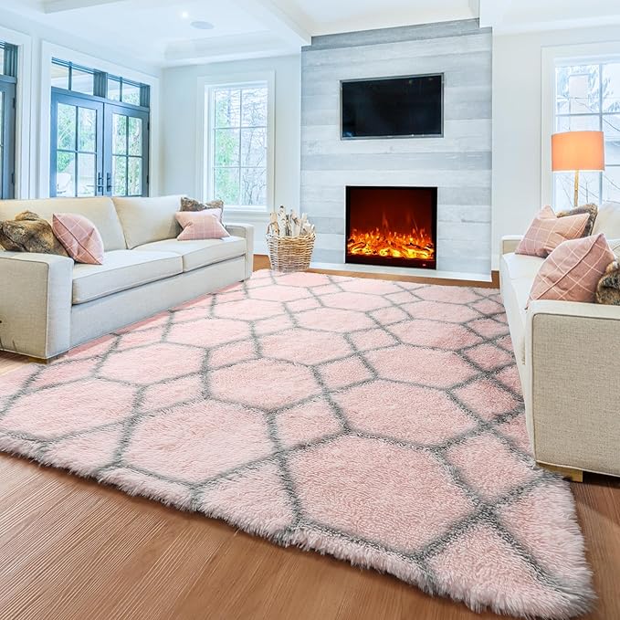 ONASAR 7x9 Area Rugs for Living Room Bedroom, Large Fluffy Pink and Grey Throw Rug, Geometric Soft Plush Shaggy Indoor Floor Carpet for Nursery Kids Girls Boys Teen Dorm Home Decor Aesthetic