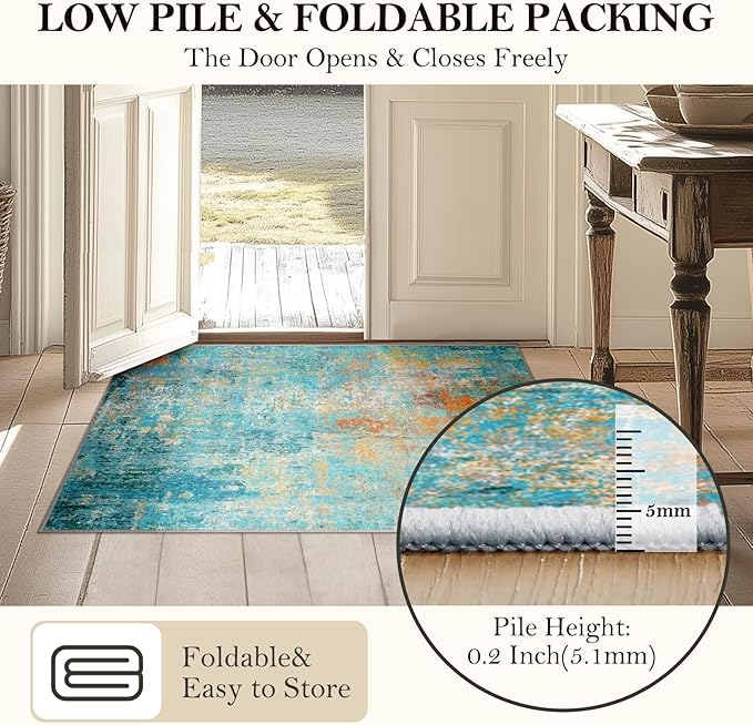 RELEANY Washable Area Rugs Square 8ft Non-Slip Modern Abstract Soft for Living Room Entryway Bedroom Nursery, Print Pattern, Teal Blue Green Orange Rust Red Coloreful