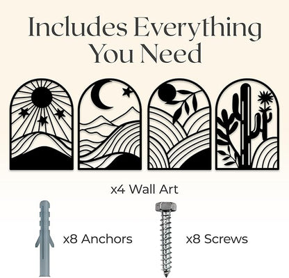GALLERY GRACE Metal Wall Art Decor – 11" x 16", 4Pc Single Line Abstract Wall Art for Living Room, Bedroom, Office – Boho Minimalist Black Wall Decor Featuring Sun, Moon, Landscape & Desert Panels
