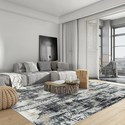8x10 Area Rugs Washable Rug: Large Modern Abstract Living Room Rug Soft Anti-Skid Thin Carpet Indoor Floor Non-Shedding Carpets for Bedroom Dining Farmhouse Nursery Home Office Black Grey Gold