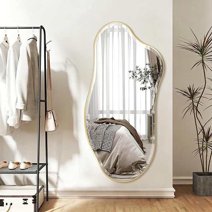 POZINO Irregular Beveled Mirror, 53"x26.5" Modern Premium Organic Wall Mirror with Metal Frame, Gold Asymmetrical Aesthetic Mirrors for Living Room Bedroom Hallway Entryway, Horizontal/Vertical