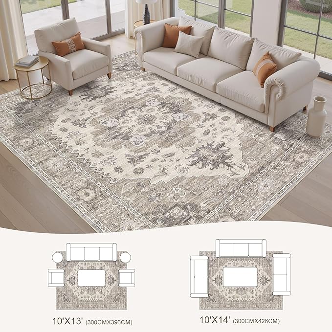 EIEIHOUSE Washable Area Rugs for Living Room - 10x14 Neutral Vintage Distressed Floral Farmhouse Boho Large Soft Floor Rug Indoor Non Slip Carpet for Living Room Bedroom Dining Room Office-Brown/Beige