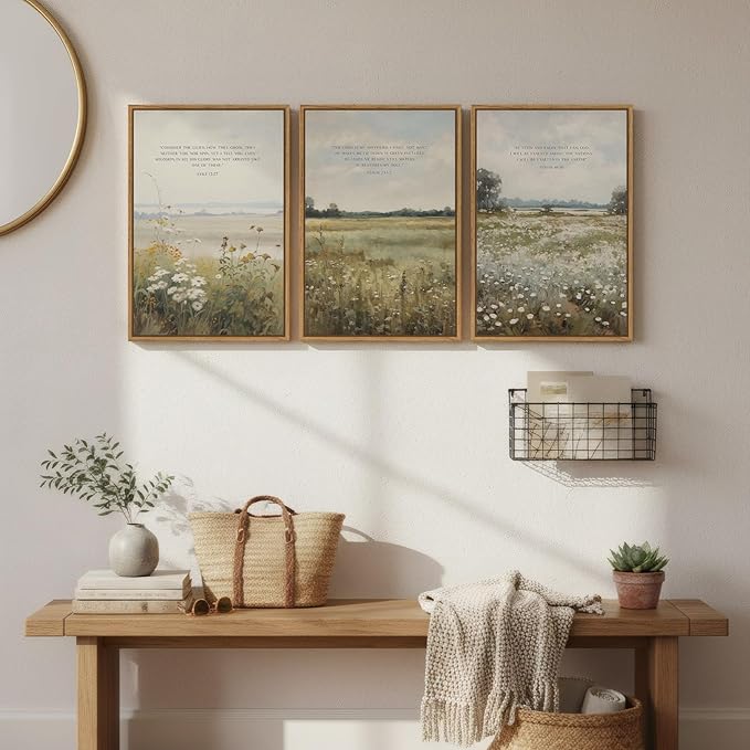 Framed Christian Wall Art Set of 3, Large Wildflower Bible Verse Canvas Prints, Vintage Pastoral Landscape Scripture Artwork for Living Room Bedroom Office Prayer Room, 16x24 Inch