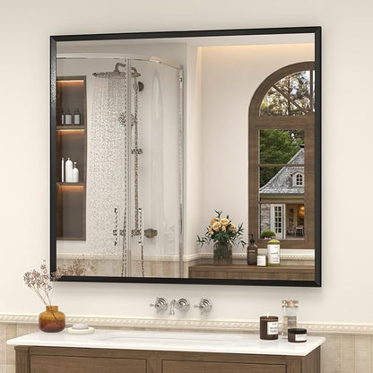 40" x 36" Matte Black Bathroom Mirror for Wall, Rectangular Beveled Vanity Mirror with Aluminum Alloy Frame, Right Angle Corner, HD Reflection, Horizontal or Vertical Mount