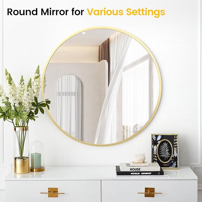 GarveeHome Large Round Mirror for Wall, 36 in Large Aluminum Alloy Circle Frame, High Definition Eco-Friendly Gold Round Bathroom Mirror for Over Sink, Wall Mirror for Entryway, Bathroom