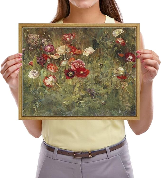 Pyradecor Vintage Wall Art Retro Home Decor Living Room Decor A Bed of Poppies Framed Canvas Wall Art Classical Floral Painting for Bedroom Office Decorations