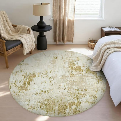 ROYHOME Modern Abstract 8x8 Round Area Rug Non Slip Non Shedding Rug Low Pile Stain Resistant for Bedroom Living Room Office Dining Room,Golden Grey