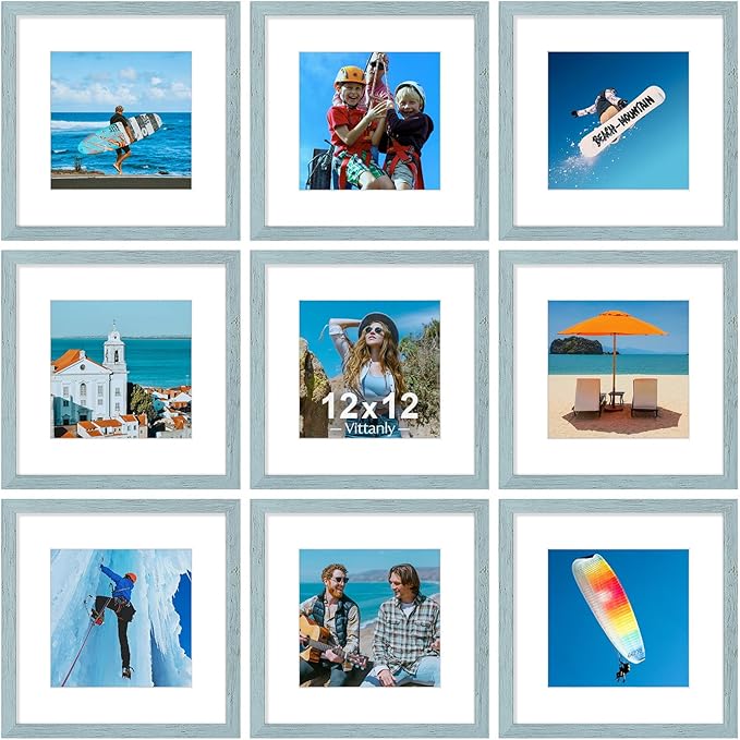 Vittanly 12x12 Picture Frames Set of 9, Display 8x8 Pictures with Mat or 12x12 without Mat, Photo Frames for Wall Mount, Engineered Wood, Rustic Blue