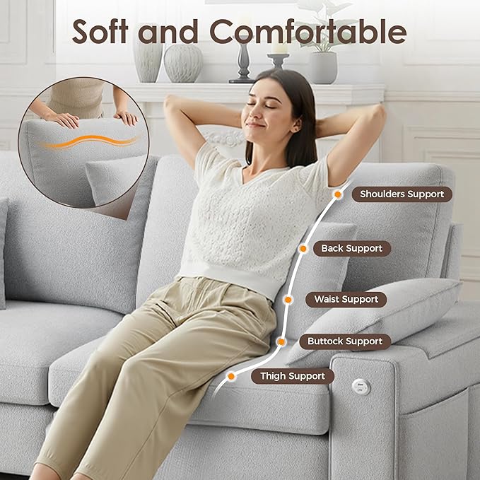 88.58" Modern Loveseat Couches for Living Room, Comfy Sofa with Deep Seat Couch, USB/Type-C Port, Side Storage, Removable Cover, Couches for Living Room Apartment, Light Grey