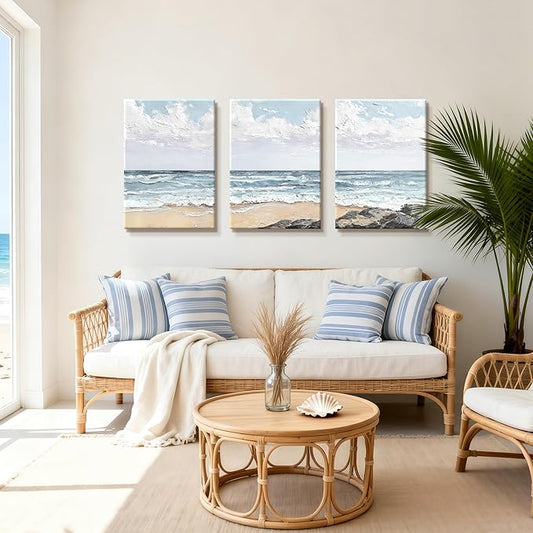 WENGTIAO Beach Canvas Wall Art Prints Set of 3 Coastal Seaside Wall Paintings Abstract Seascape Photos Pictures Blue Ocean Artwork for Home Decor Living Room Bedroom Office 16”x24”x3