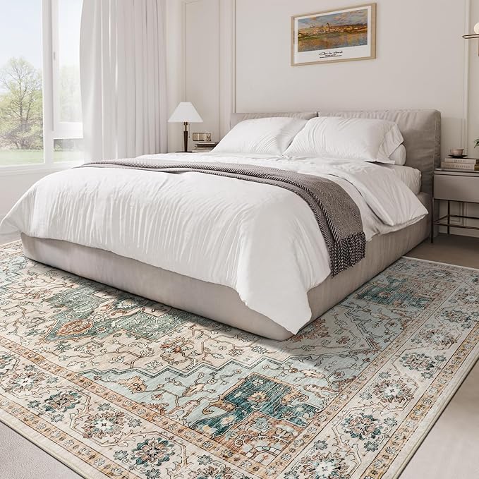 5x7 Area Rug for Living Room, Non Slip Vintage Machine Washable Rug, Foldable Stain Resistant Large Area Rugs for Bedroom, Soft Indoor Boho Carpet for Home Decor (Green/Beige, 5'x7')