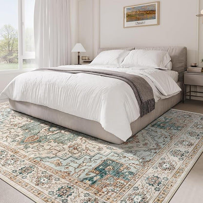 6x9 Area Rugs for Living Room, Machine Washable Non Slip Vintage Rug, Non-Slip Stain Resistant, Large Soft Home Decor Rug for Bedroom Dining Room (Green/Beige, 6'x9')