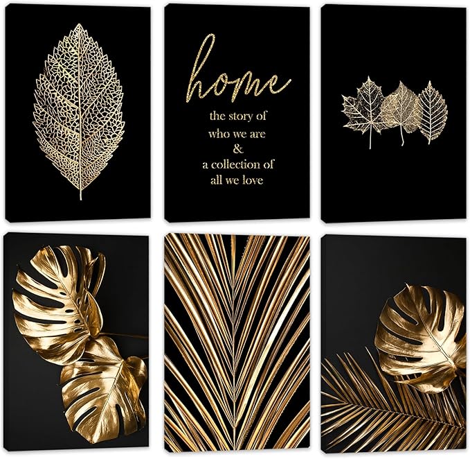 HoozGee Framed Leaf Canvas Wall Art Prints Modern Black and Gold Botanical Tropical Plant Leaf Wall Decor Built-in Wooden Frame Gallery Wall Art Poster for Bedroom Bathroom (24"x36" FRAMED)